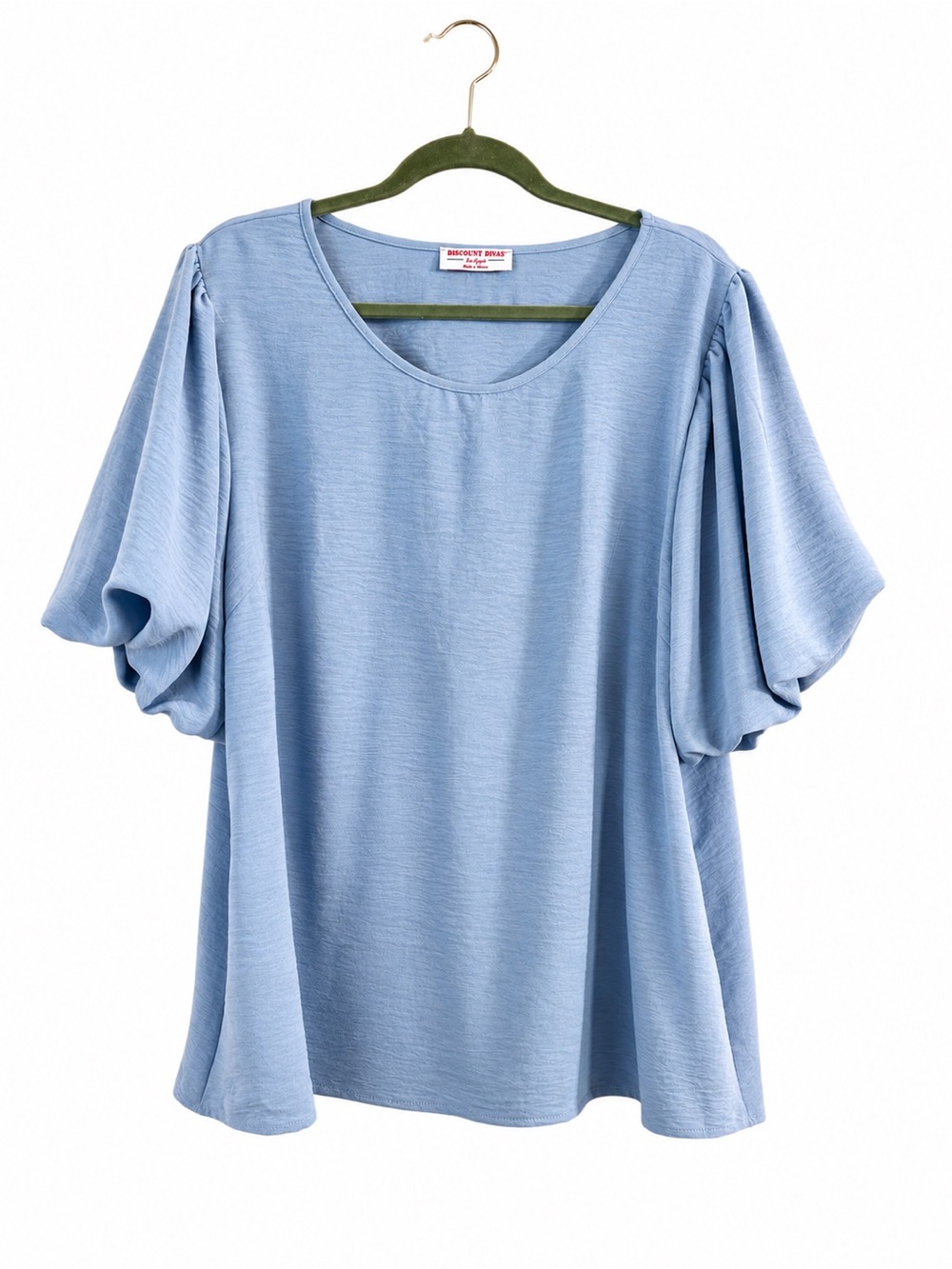 Discount Divas Boutique Baby Blue Puff Sleeve Blouse 2XL Textured Scoop Neck Top